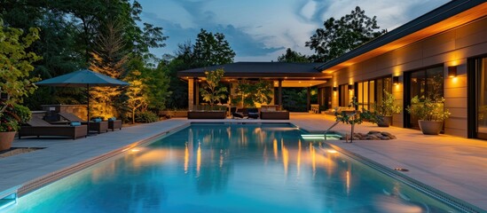 a luxury back patio with a pool in the evening. Copy space image. Place for adding text or design