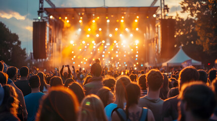 Crowded outdoor music festival main stage at dusk with a shallow depth of field. Concept Outdoor Music Festival, Main Stage, Dusk, Crowded, Shallow Depth of Field