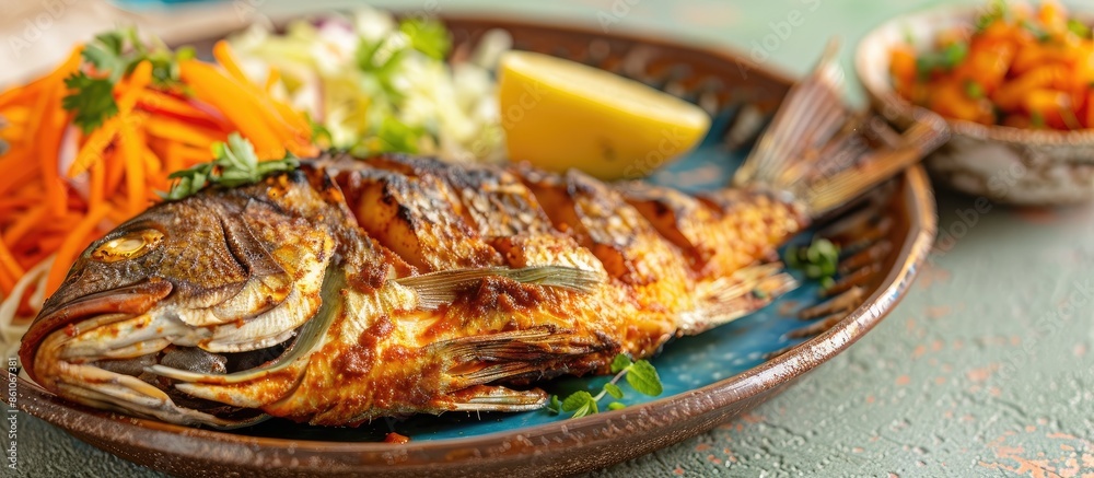 Leinwandbilder tandoori pomfret fish cooked in a clay oven and garnished with lemon , mint, cabbage and carrot sala