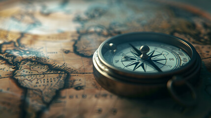 Old compass on vintage map Adventure stories background Retro style : Generative AI