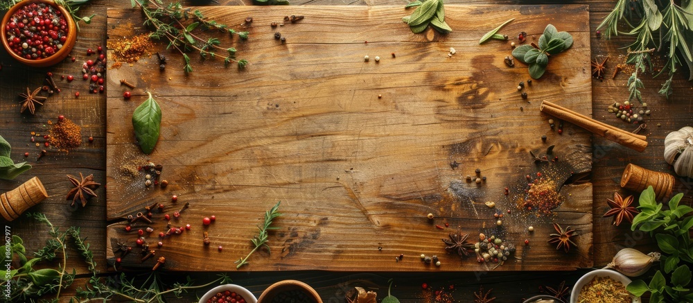 Poster variety of herbs and spices around empty cutting board on rustic wooden background, top view.creativ
