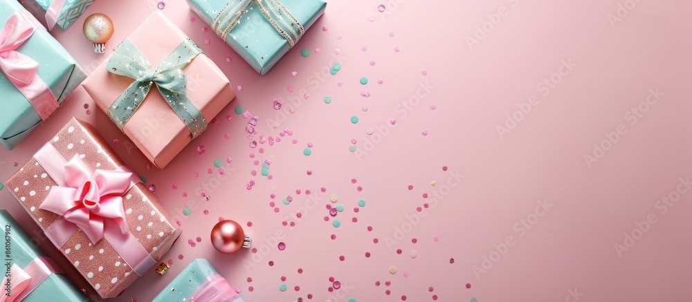 Poster christmas presents pastel background christmas texture. with copy space image. place for adding text