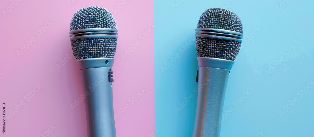 Poster Two silver microphones isolated over pastel background . Two wireless microphones on the conference table. with copy space image. Place for adding text or design