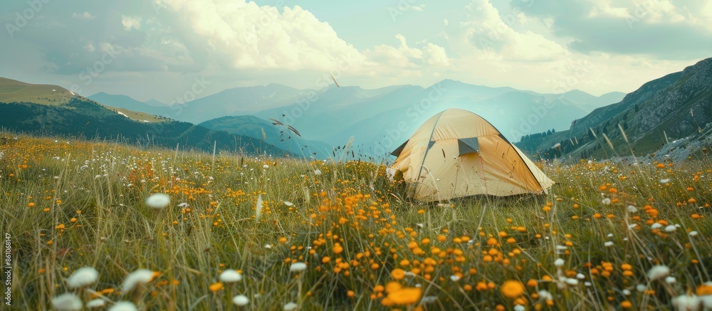 Poster tourist tent in camp among meadow in the mountain. with copy space image. place for adding text or d