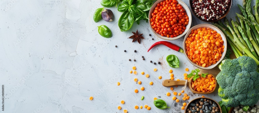 Poster raw legume and vegetable assortment. copy space image. place for adding text or design