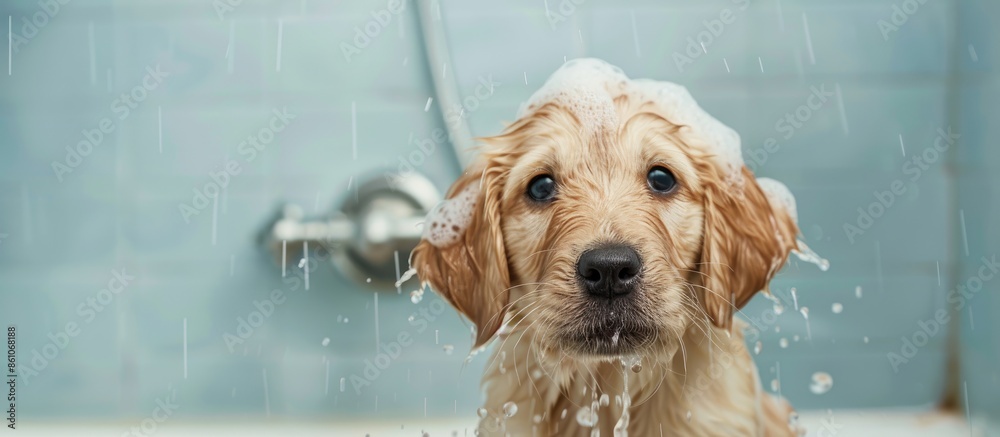 Poster The puppy is taking a shower. with copy space image. Place for adding text or design