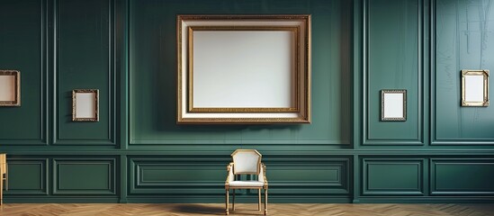 Antique art fair gallery frame on royal green wall at auction house or museum exhibition, blank template with empty white copyspace for mockup design, artwork concept