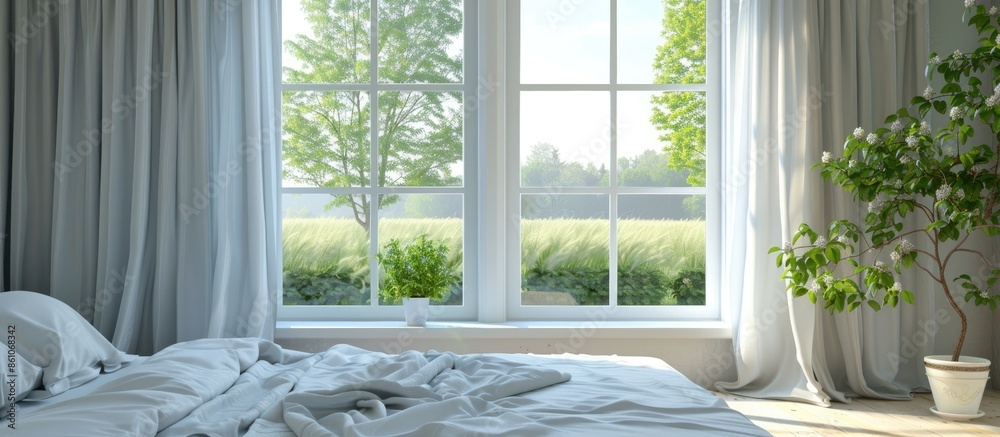 Poster Bedroom with window. Nobody inside. with copy space image. Place for adding text or design
