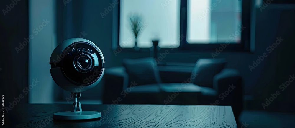 Leinwandbilder digital security eye. a white round indoor cctv surveillance camera monitoring security on tv table 
