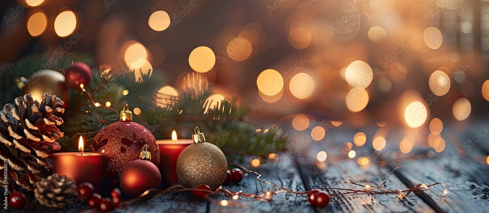 Poster Christmas or new year background with decorations on wooden table with warm lighting. with copy space image. Place for adding text or design