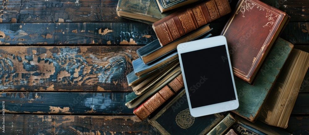 Poster Ebook, digital tablet device, with old real books nearby on the rustic background. with copy space image. Place for adding text or design