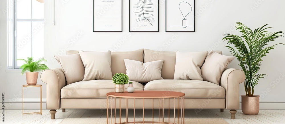 Poster pillows on beige sofa against wall with posters in simple living room with copper table and fern. wi