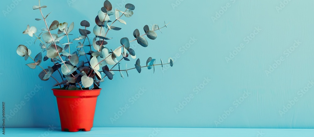 Poster eucalyptus leaves in a red pot on a blue background. with copy space image. Place for adding text or design