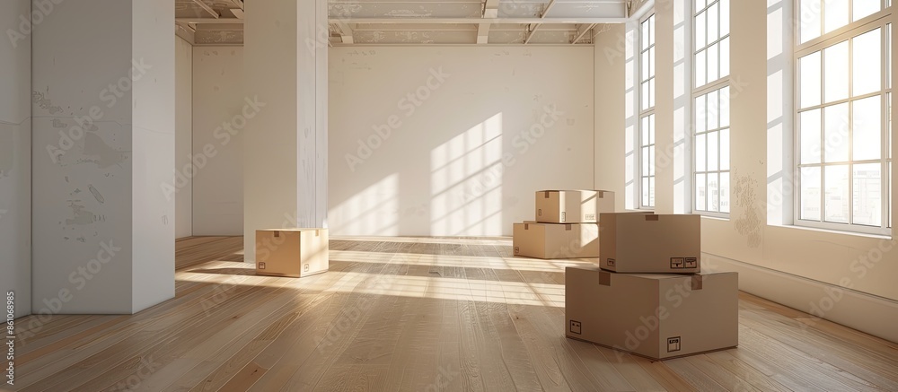 Aufkleber Moving boxes in empty room. with copy space image. Place for adding text or design