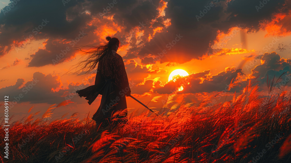 Wall mural A samurai in the backdrop of the sunset, his katana gleaming with the last rays of daylight. - Wall murals