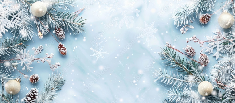 Aufkleber Christmas frame in cold tones for greeting card pastel background. with copy space image. Place for adding text or design