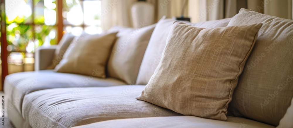 Poster a detail shot of a beige couch in a living room. with copy space image. place for adding text or des