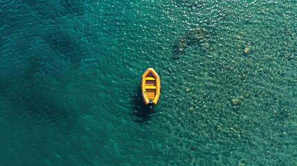 Naklejka premium yellow roweing boat on the water seen from drone foto as top view 