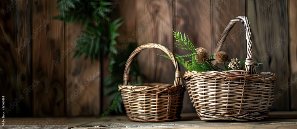 Aufkleber Two wicker baskets background. with copy space image. Place for adding text or design