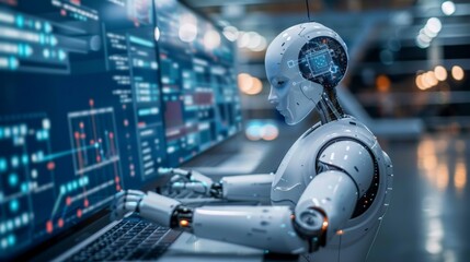 Fototapeta premium Futuristic robot using a computer in a modern laboratory, highlighting advancements in artificial intelligence and machine learning.