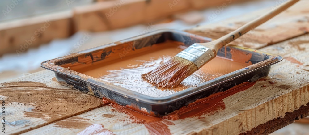 Poster a tray for paint and a brush at a construction site for painting a sheet of osb in brown. with copy space image. Place for adding text or design
