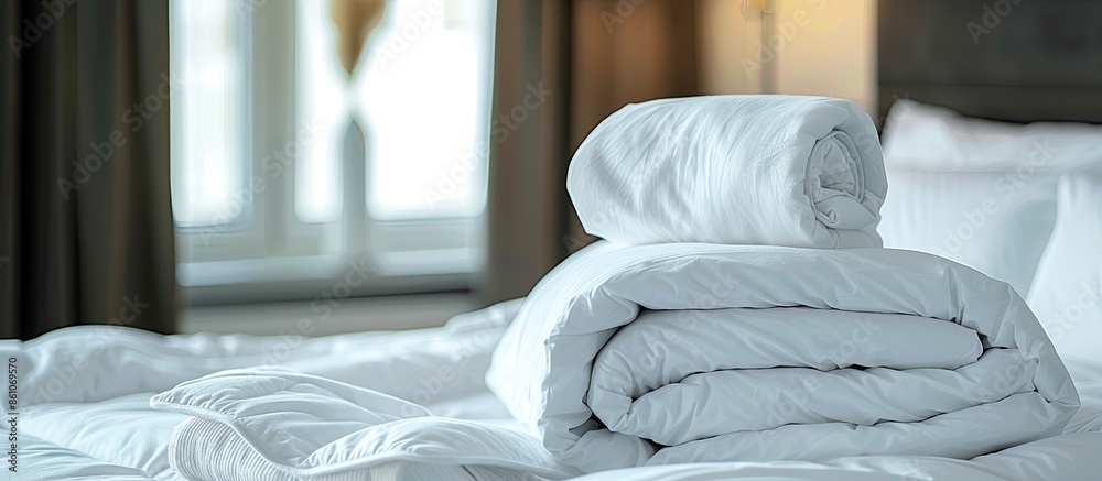 Poster closeup of white set of bed linen in decoration store. with copy space image. place for adding text 