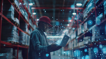 Engineer in Hard Hat Using Digital Tablet in Automated Warehouse. Concept of Smart Logistics and Digital Supply Chain Management. Background of Innovation and Efficiency.