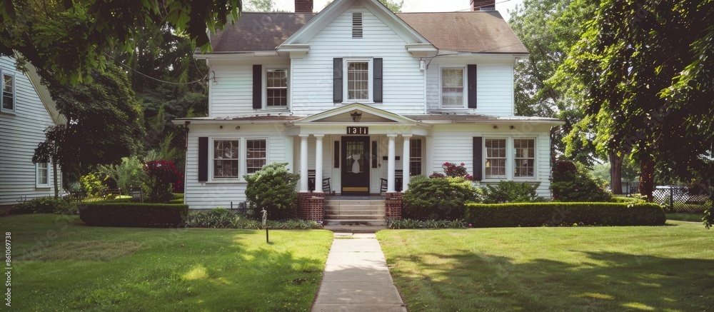 Poster white colonial style suburban house with front walkway. Copy space image. Place for adding text or design