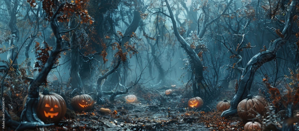 Poster halloween background. spooky forest with dead trees and pumpkins.halloween design with pumpkins. cop