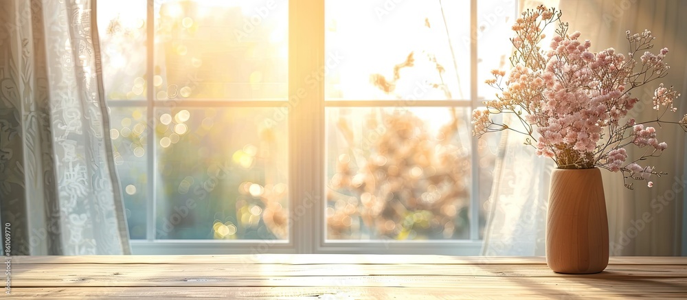 Poster Window background with empty table and free space for your decoration.Clothes on top and spring time. . with copy space image. Place for adding text or design