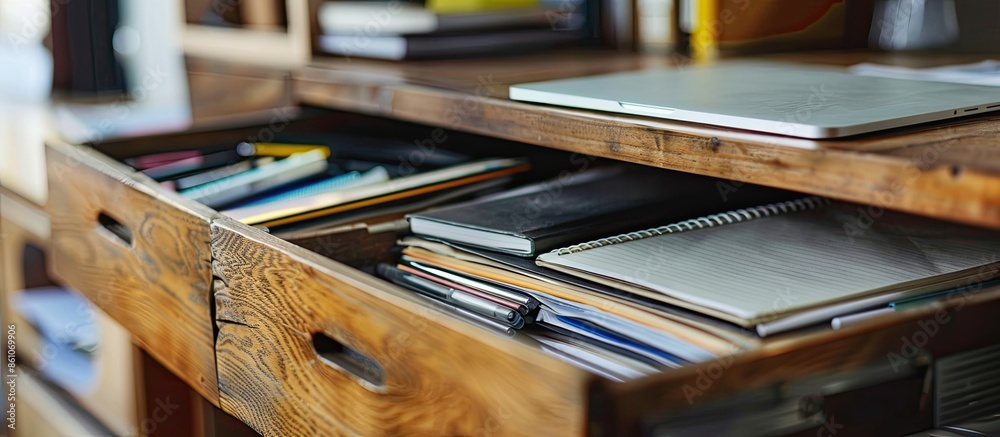 Poster Different stationery in open desk drawer indoors. with copy space image. Place for adding text or design