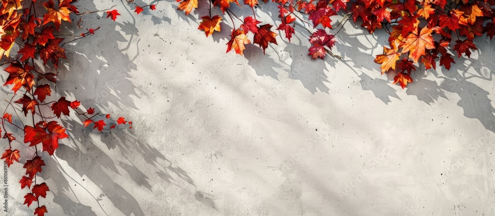 Poster Autumn background with shadow of the maple tree leaves on a wall. Abstract Autumnal scene. with copy space image. Place for adding text or design