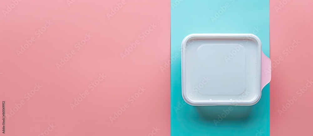 Poster white plastic food container Isolated on pastel background. with copy space image. Place for adding text or design
