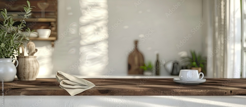 Aufkleber blurred interior and white furniture with brown wooden shelf and napkin . with copy space image. pla