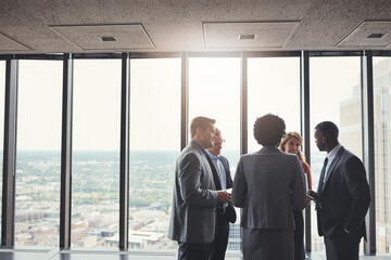 Discussion, teamwork and business people in office for planning with company budget, revenue or profit. Meeting, collaboration and financial advisors group with corporate stock investment strategy.