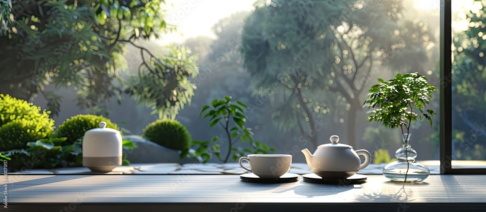 Poster Tea set on table in modern veranda interior. with copy space image. Place for adding text or design