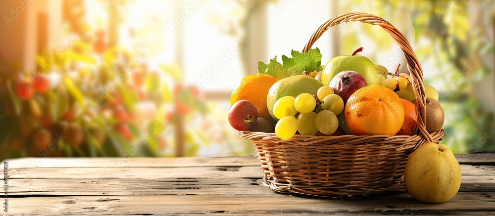 Leinwandbilder basket with fresh fruits on wooden table in kitchen. with copy space image. place for adding text or