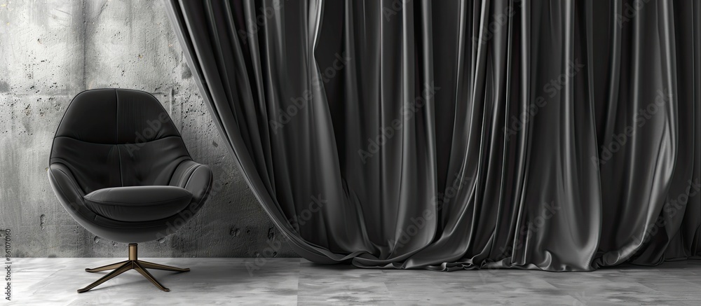 Poster stylish black chair on grey curtains background. with copy space image. place for adding text or des