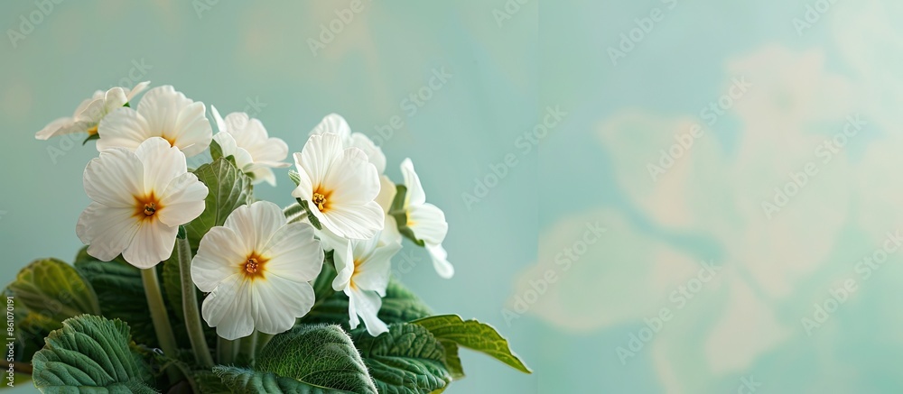 Poster white primroses on pastel background  Flower  Isolated. with copy space image. Place for adding text or design