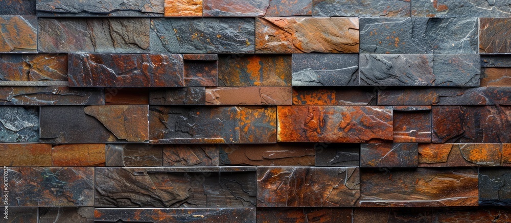 Fototapete brown red Slate Marble Split Face Mosaic  pattern and background brick wall. with copy space image. Place for adding text or design