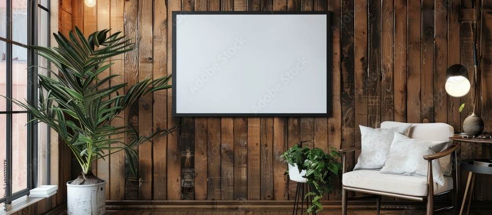 Poster white poster frame in wooden room,mock up for your content. with copy space image. place for adding 