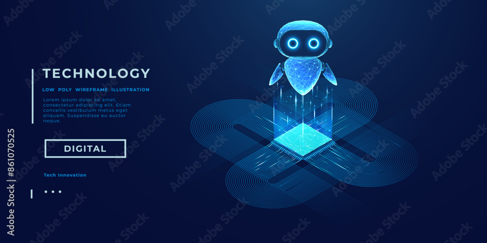 Aufkleber 3D vector AI robot consists of wireframe polygons and connected dots on a technology blue background. AI chip and chatbot on futuristic circuit bg. Isometric bot character. Vector illustration. 