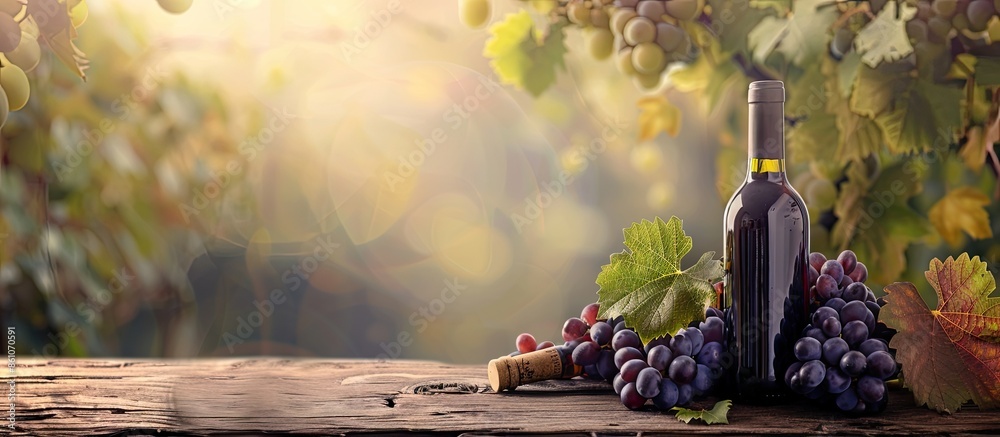 Aufkleber grapes on vine with leaves with empty wine bottles sitting on wooden plank with an isolated pastel b