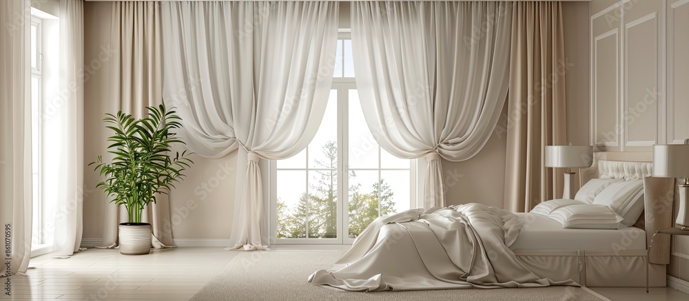Poster window curtain decoration in bedroom interior. with copy space image. place for adding text or desig