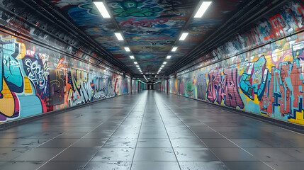 Obraz premium Empty underground subway station with graffiti wall abstract background. Idea for artistic pop art background backdrop. Empty open space interior background. Template 3d rendering