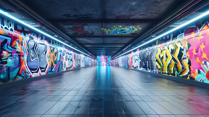 Empty underground subway station with graffiti wall abstract background. Idea for artistic pop art background backdrop. Empty open space interior background. Template 3d rendering
