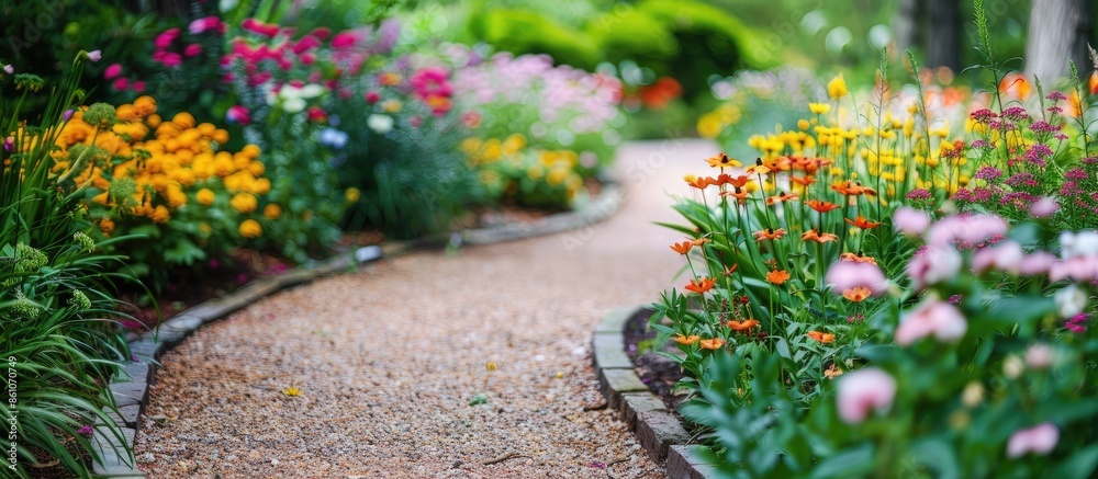 Poster Landscaping in the garden. The path in the garden. with copy space image. Place for adding text or design
