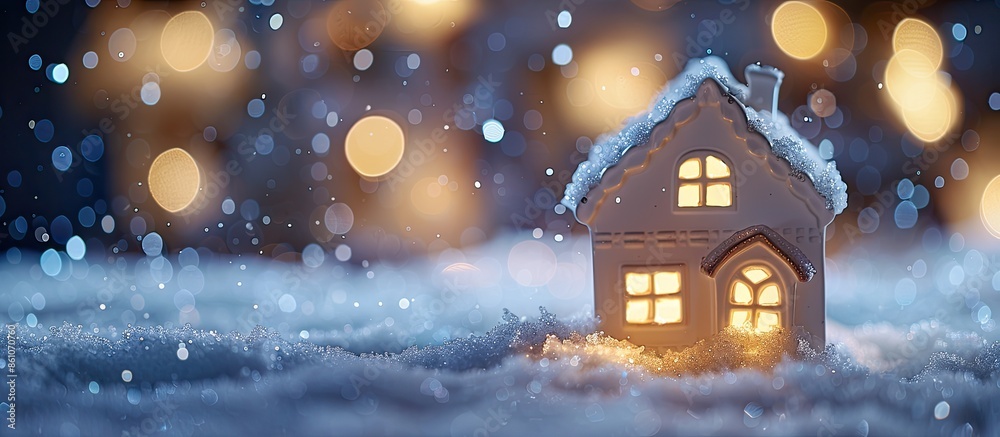 Poster christmas and new year white ceramic toy house with luminous windows at night. falling snow. with co