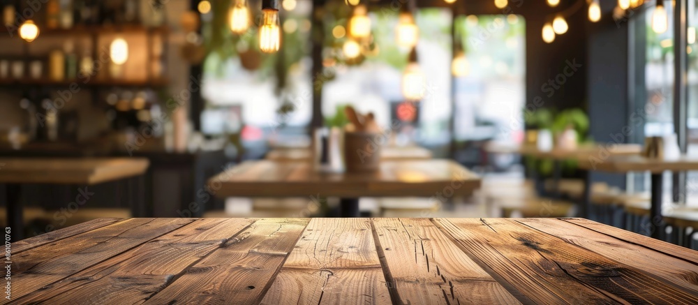Aufkleber empty wooden table and blurred cafe interior background. with copy space image. place for adding tex