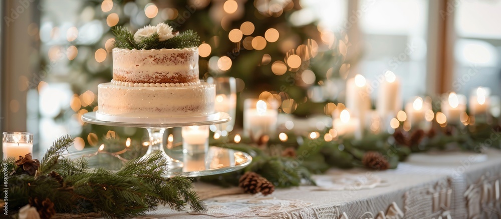 Poster cake on a glass stand on a wedding table decorated with pine branches, candles and burlap. copy spac